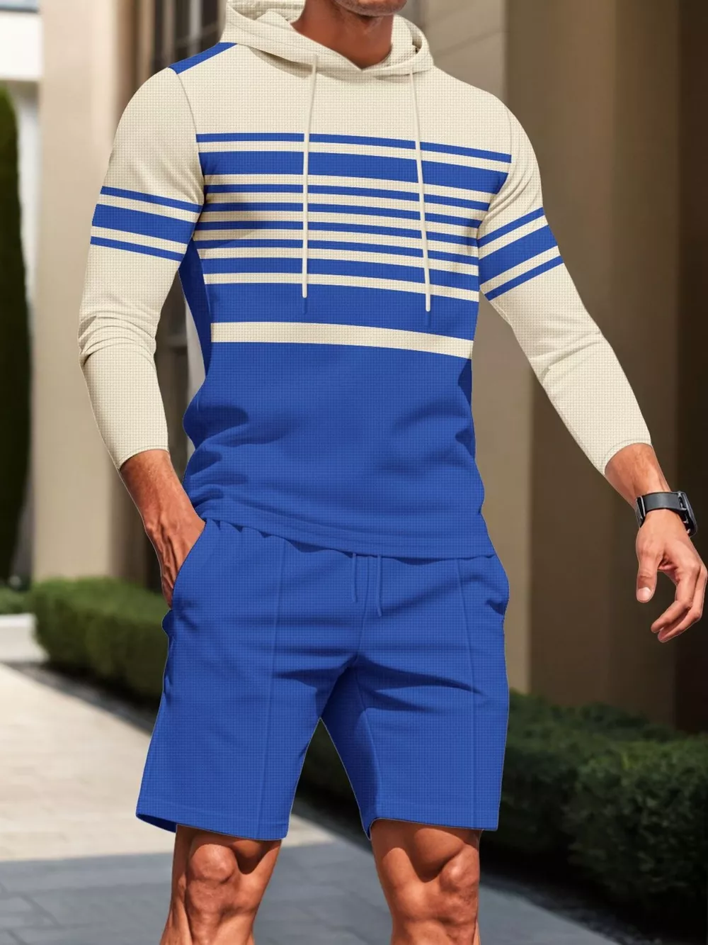 Men's Full Size Striped Hoodie & Shorts Casual Set Plus Size, image 9