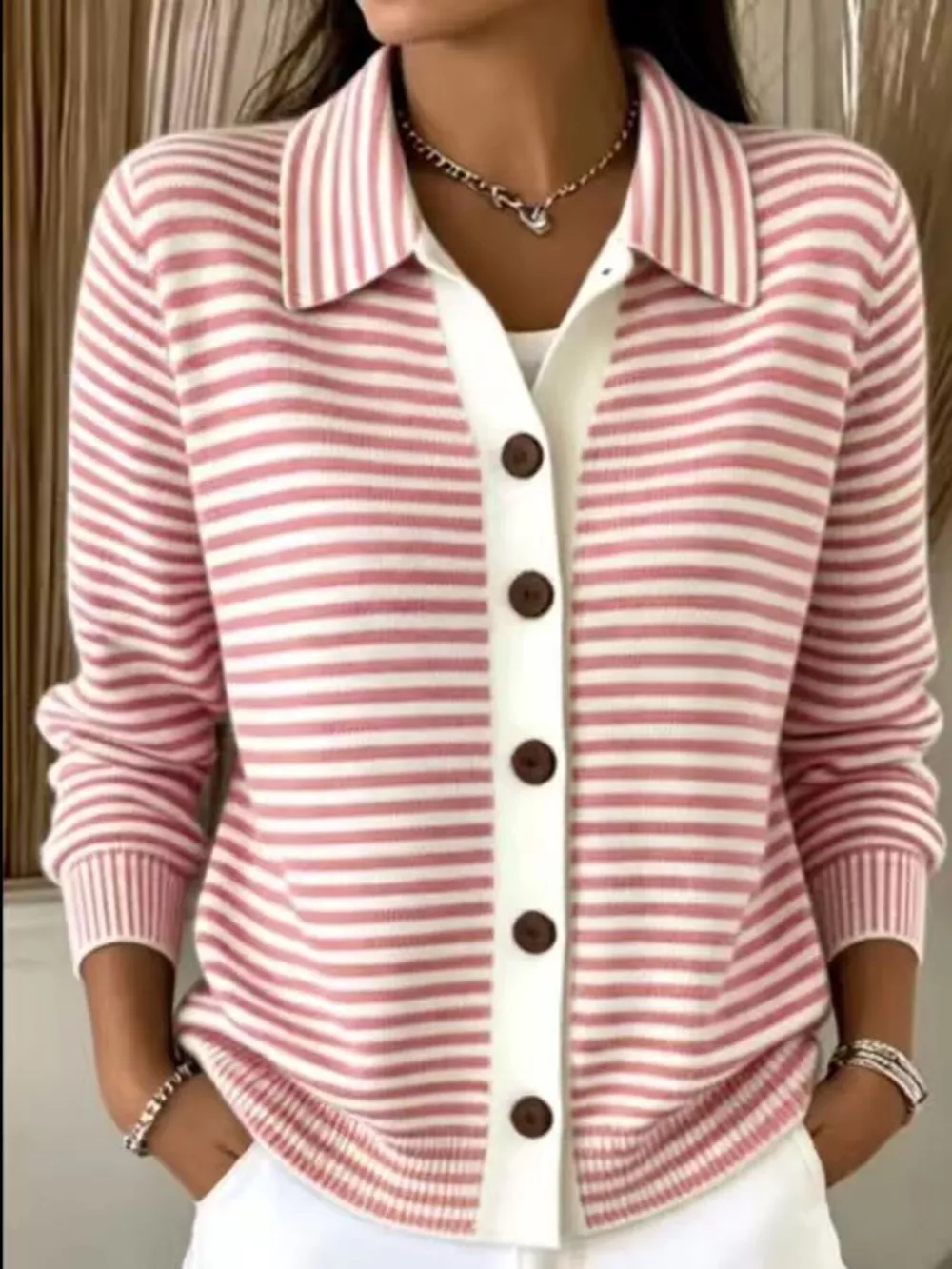 Striped Collared Button-Down Knit Cardigan, image 9