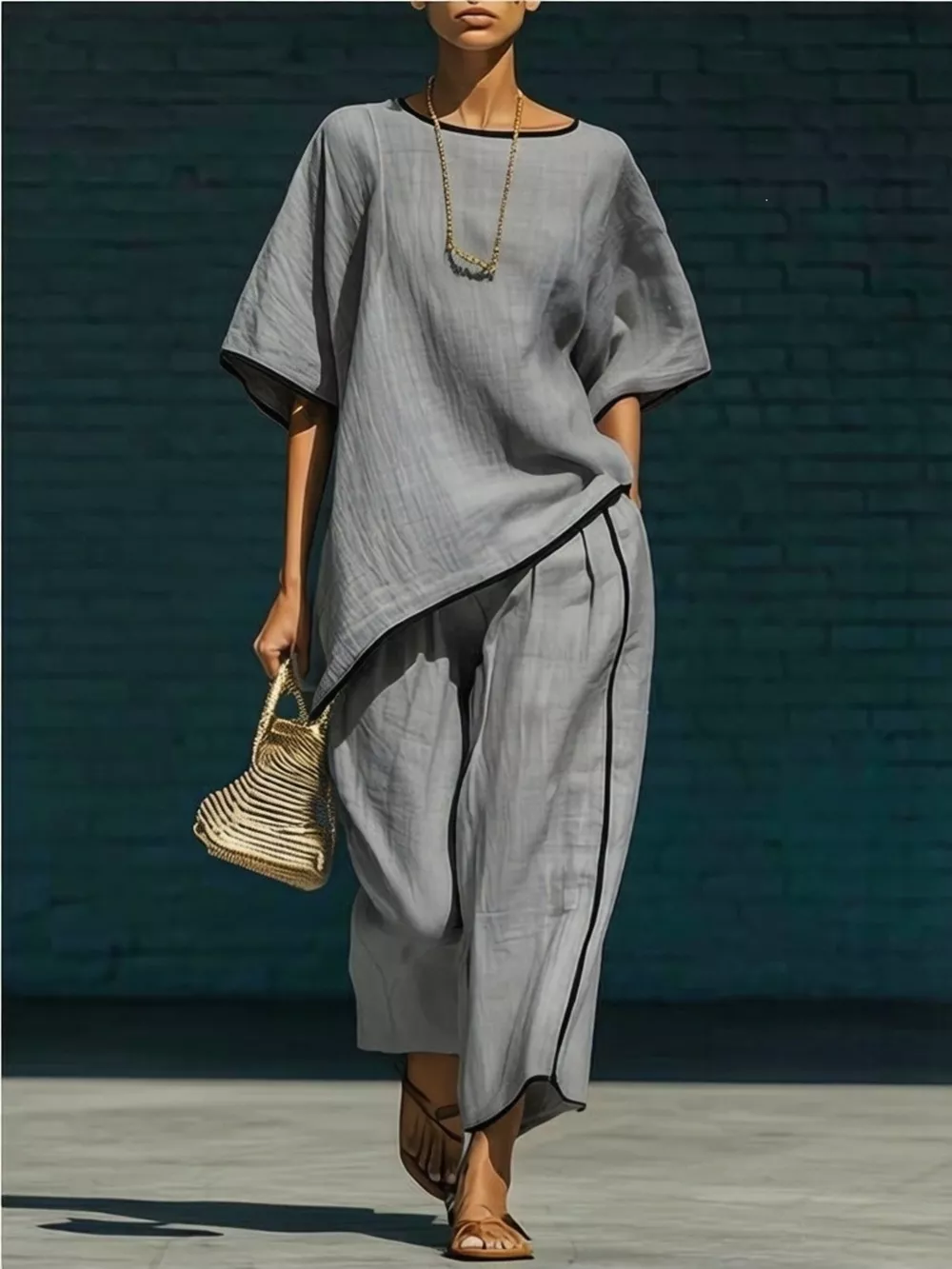 Contrast Trim Round Neck Top and Pants Set, image 11