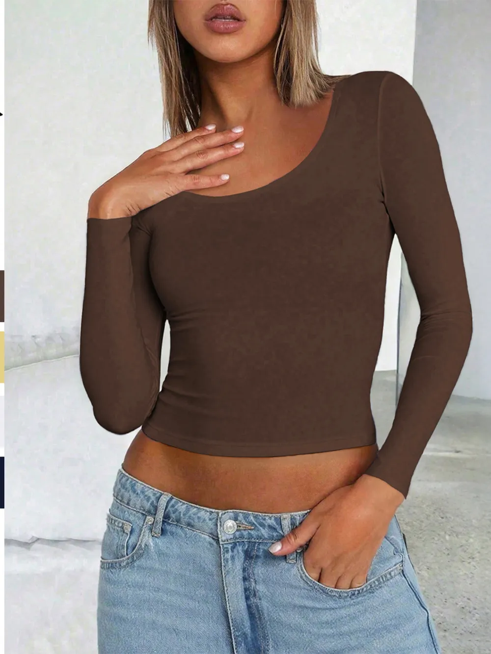 Scoop Neck Long Sleeve Fitted T-Shirt, image 13