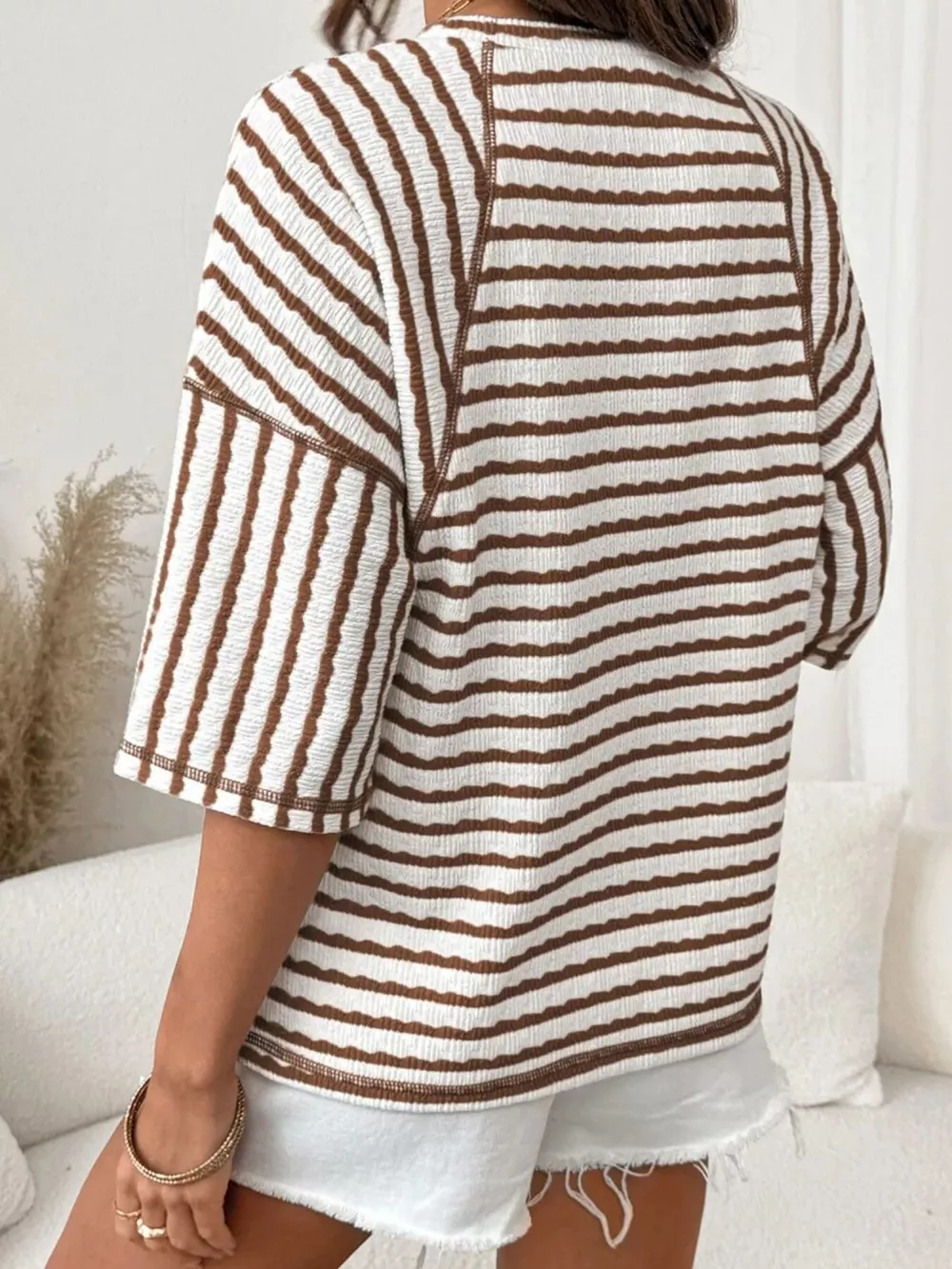 Casual Striped Raglan Sleeve Textured T-Shirt, image 18