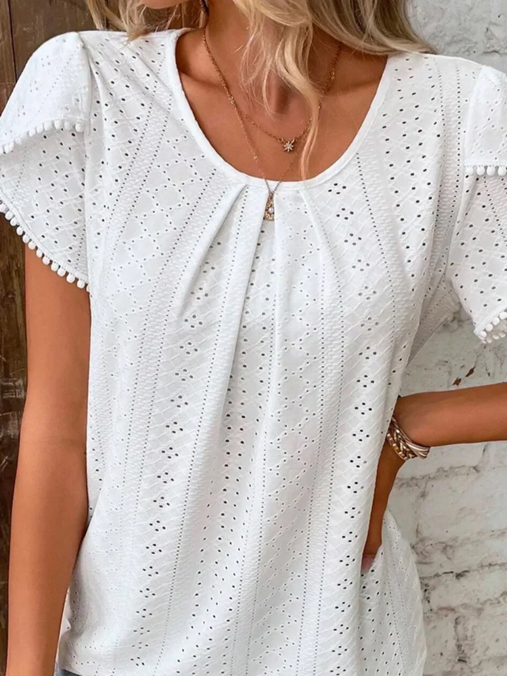 Eyelet Petal Sleeve Top with Pom Pom Trim, image 2