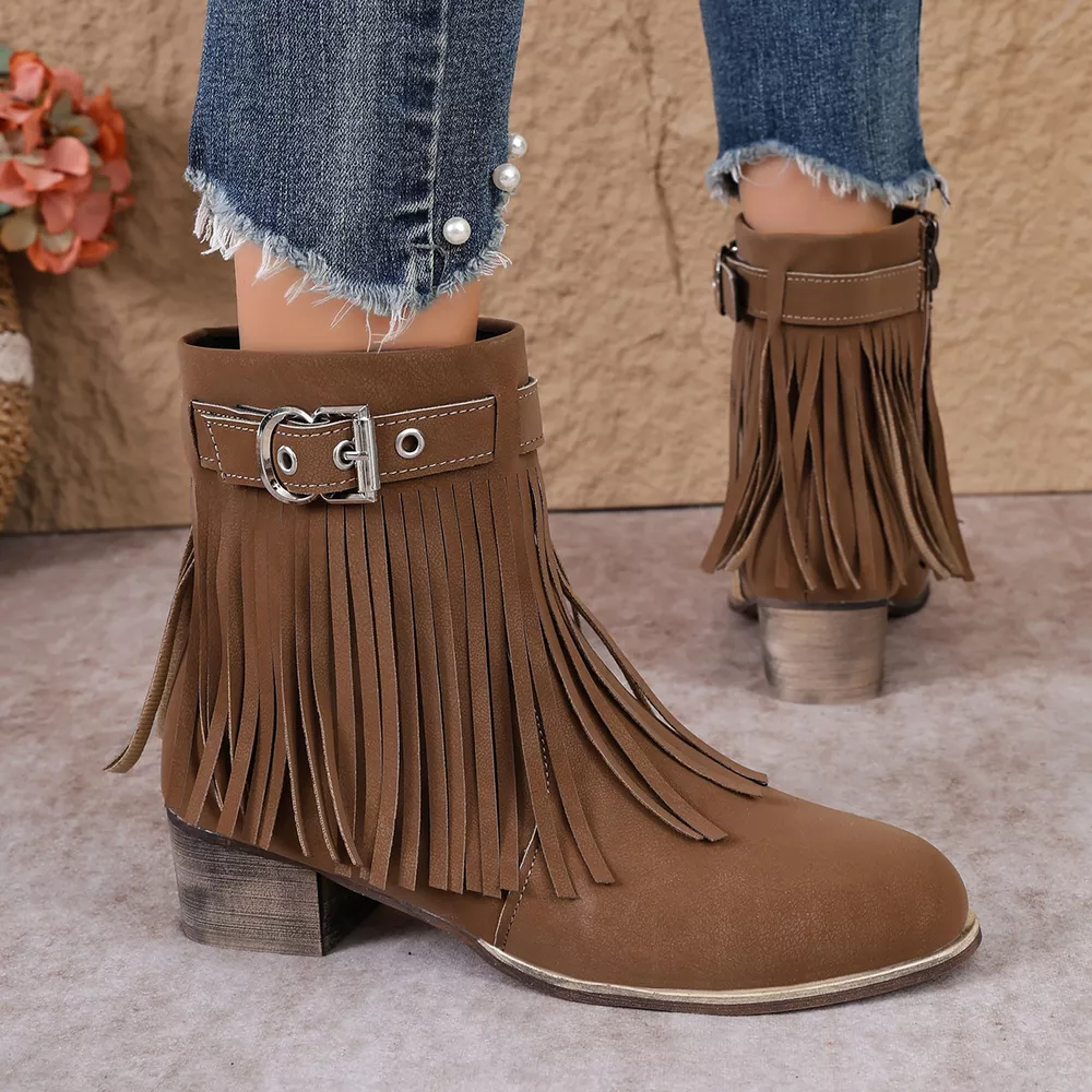 Fringe Ankle Boots with Buckle Detail, image 8