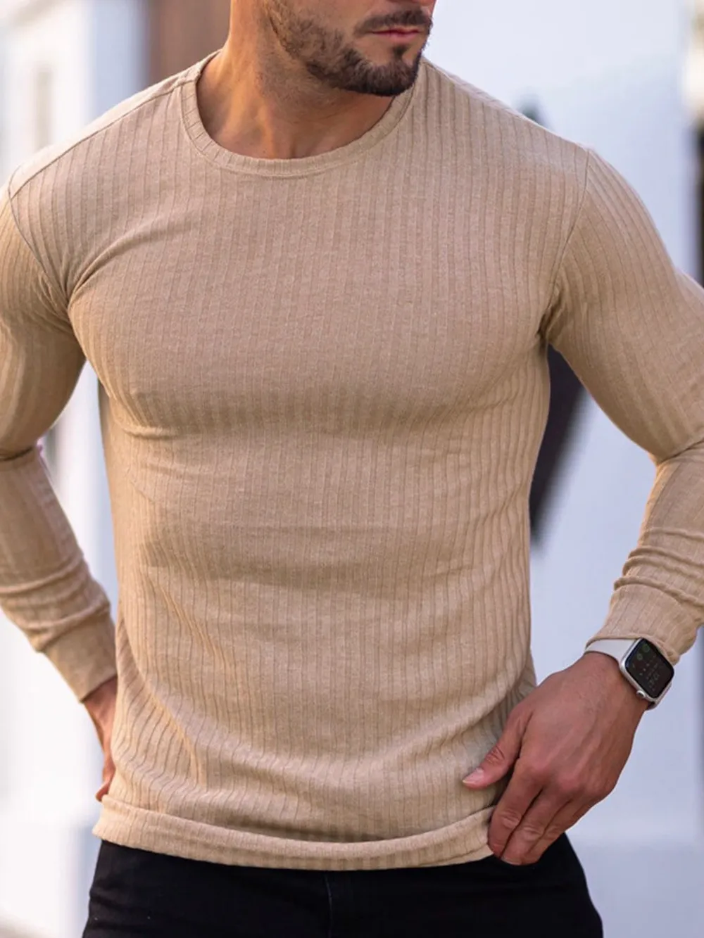 Men's Ribbed Round Neck Long Sleeve T-Shirt, image 6