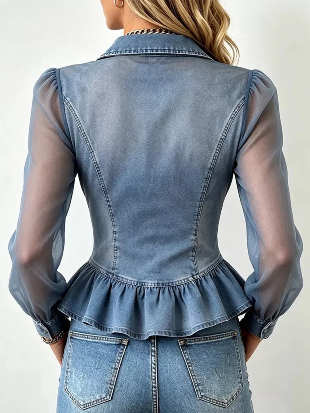 Mesh Sleeve Peplum Denim Top with Front Zipper, image 2