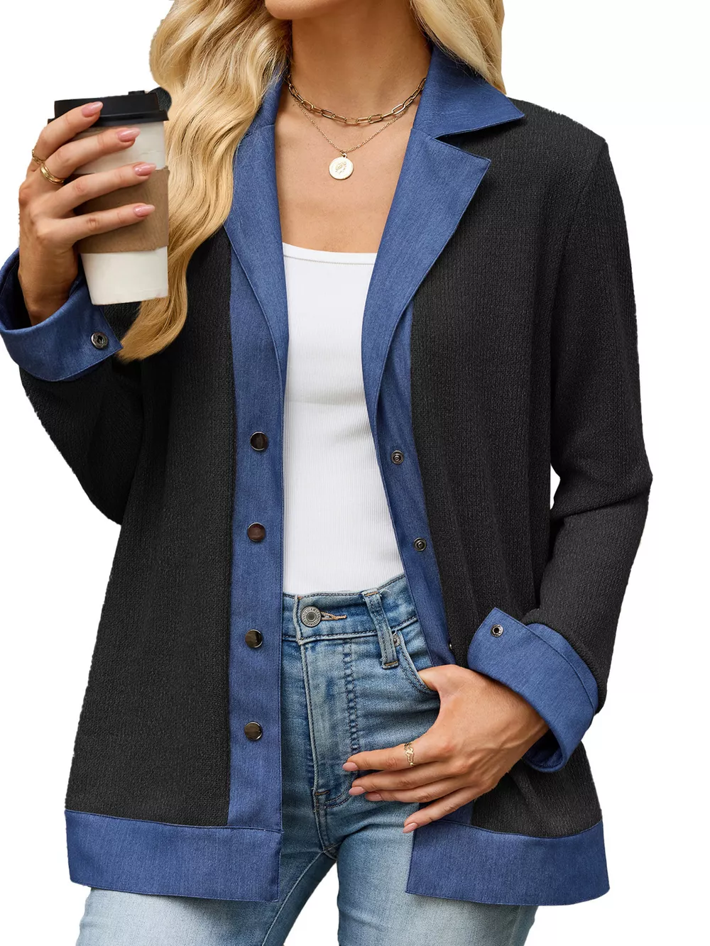 Contrast Denim Lapel Collar Outerwear, image 5