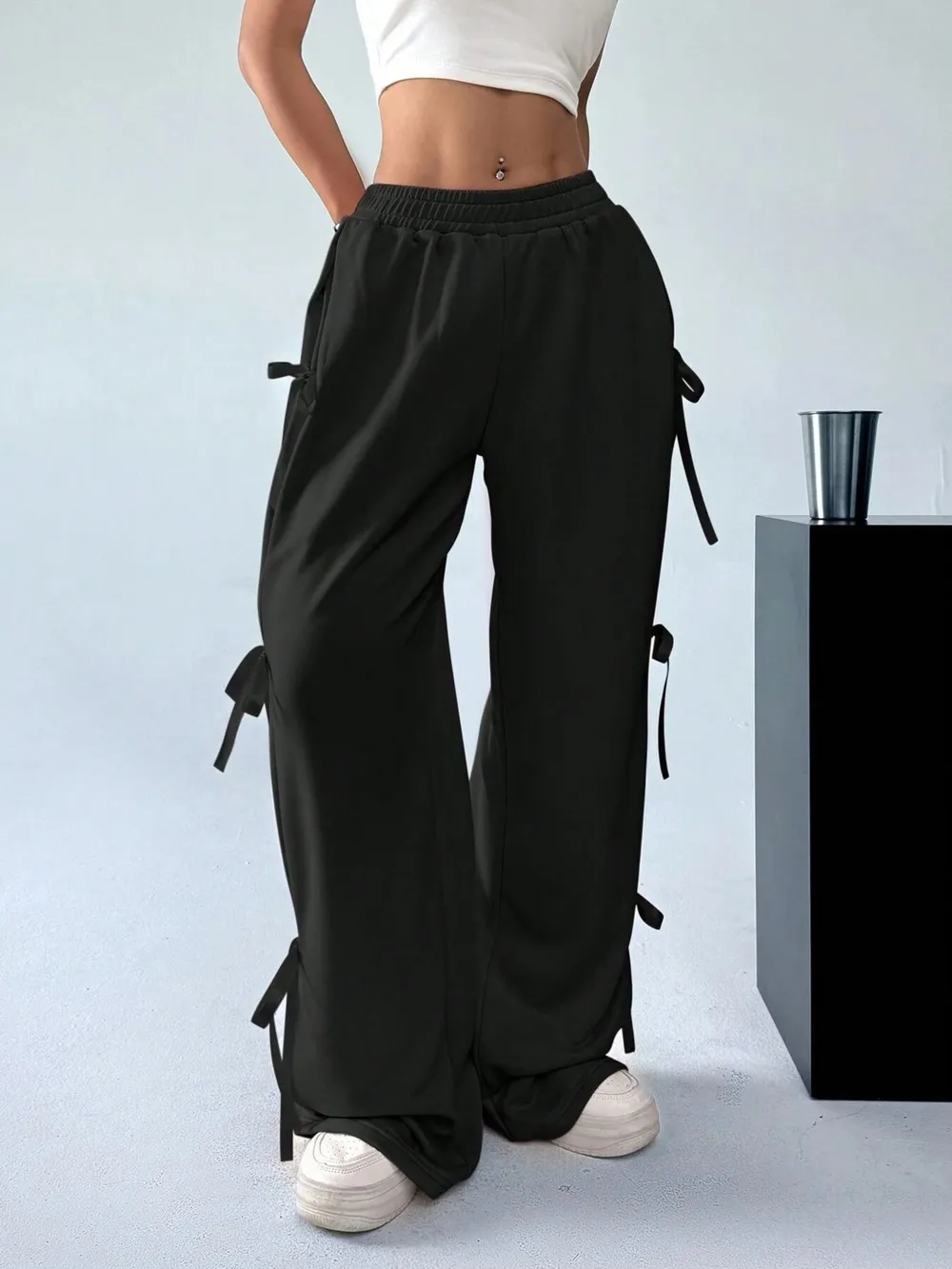 Cargo Wide Leg Pants with Side Tie Details, image 3