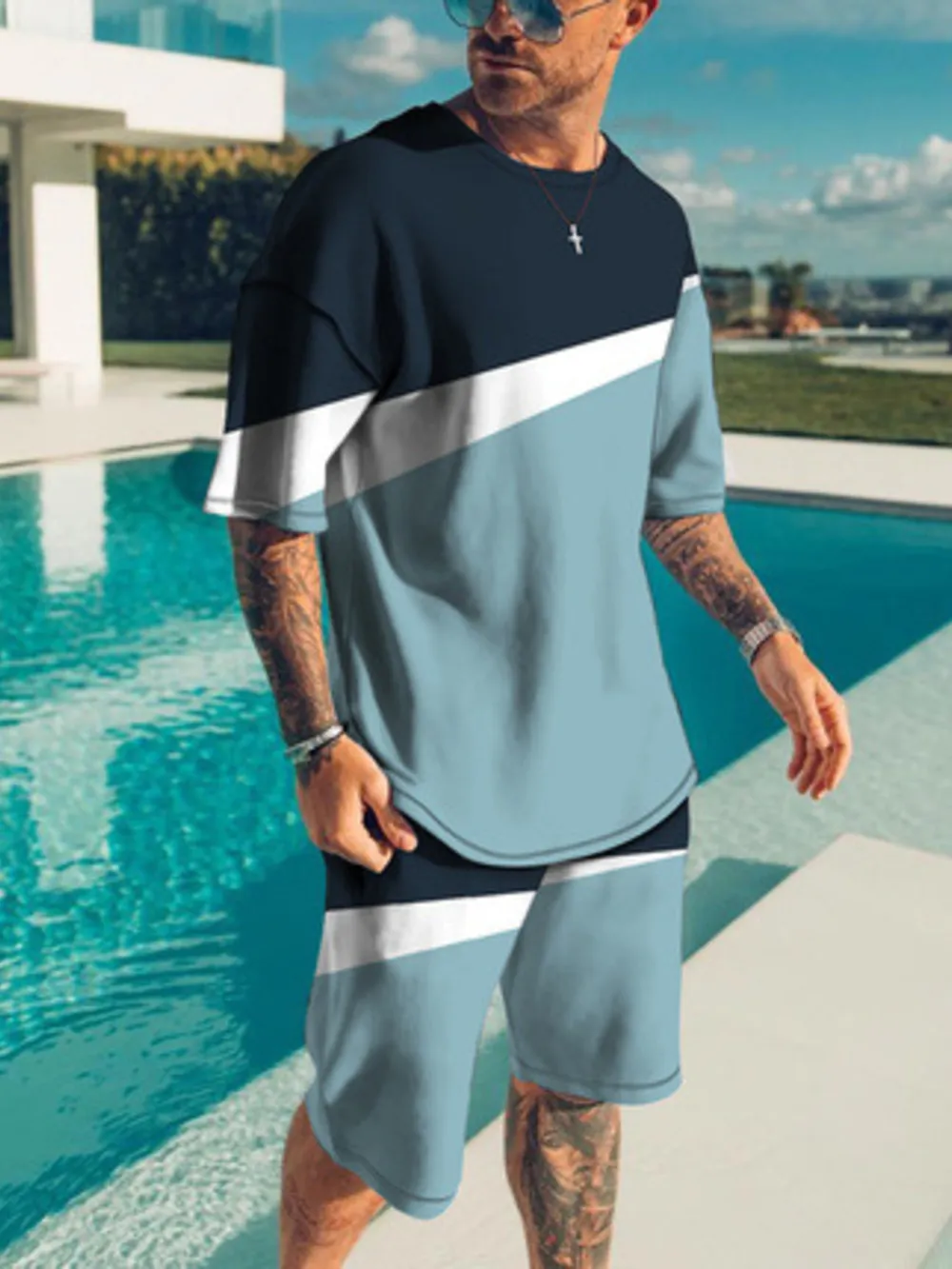 Men's Full Size Contrast Short Sleeve Top and Shorts Set Plus Size, image 6