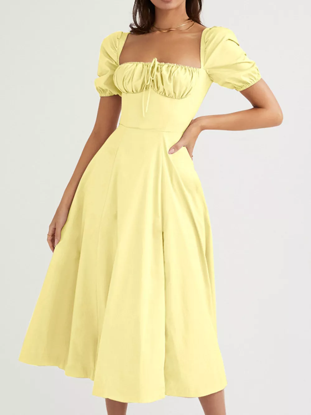 Puff Sleeve Tie Front Slit Midi Dress, image 4