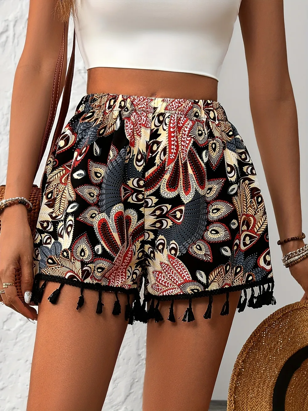 Paisley Print Tassel Hem Shorts, image 4