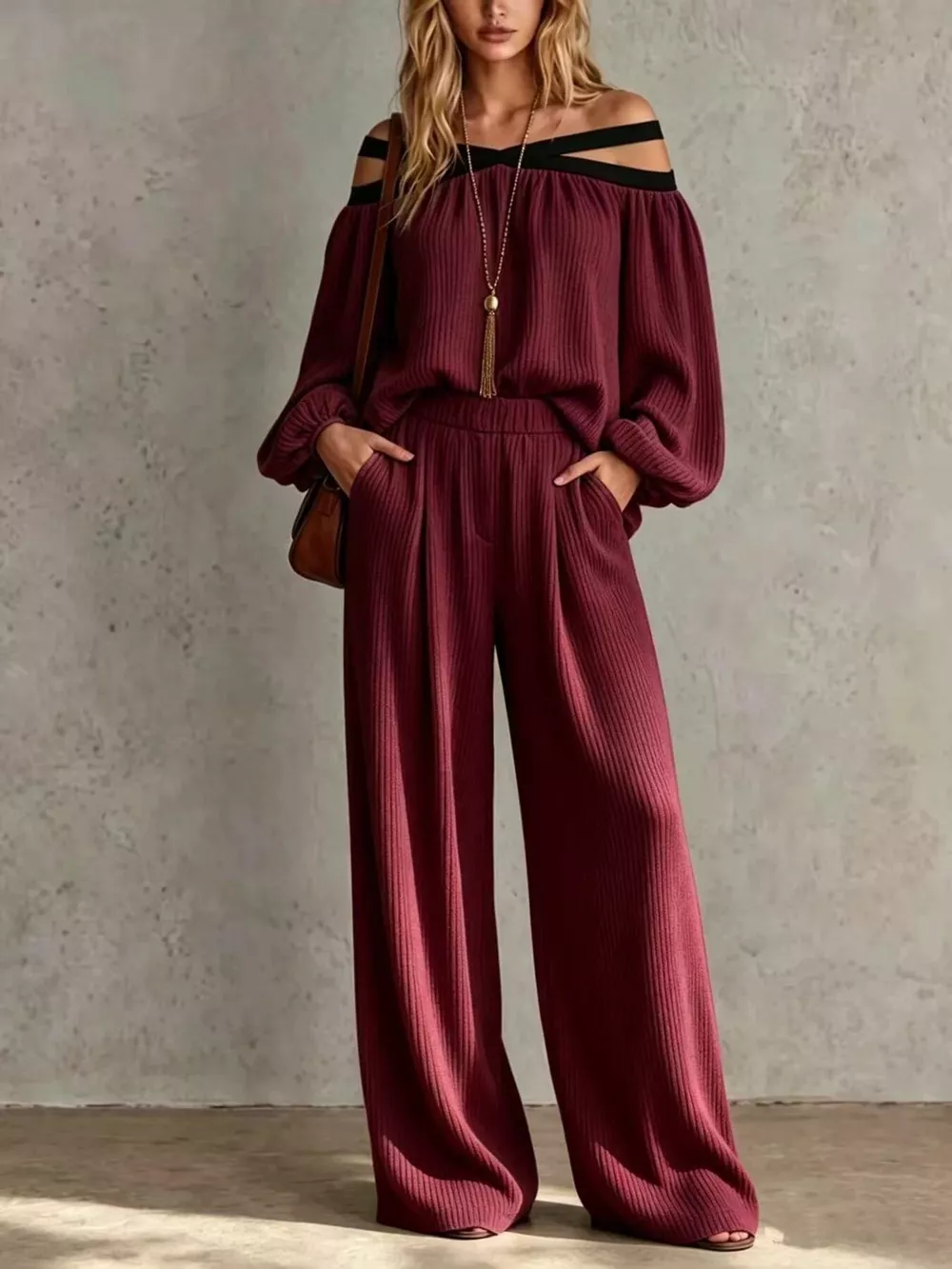 Off-Shoulder Crisscross Cutout Ribbed Knit Top and Wide-Leg Pants Set, image 10