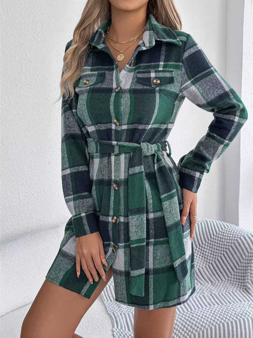 Plaid Button Front Tie Waist Shirt Dress