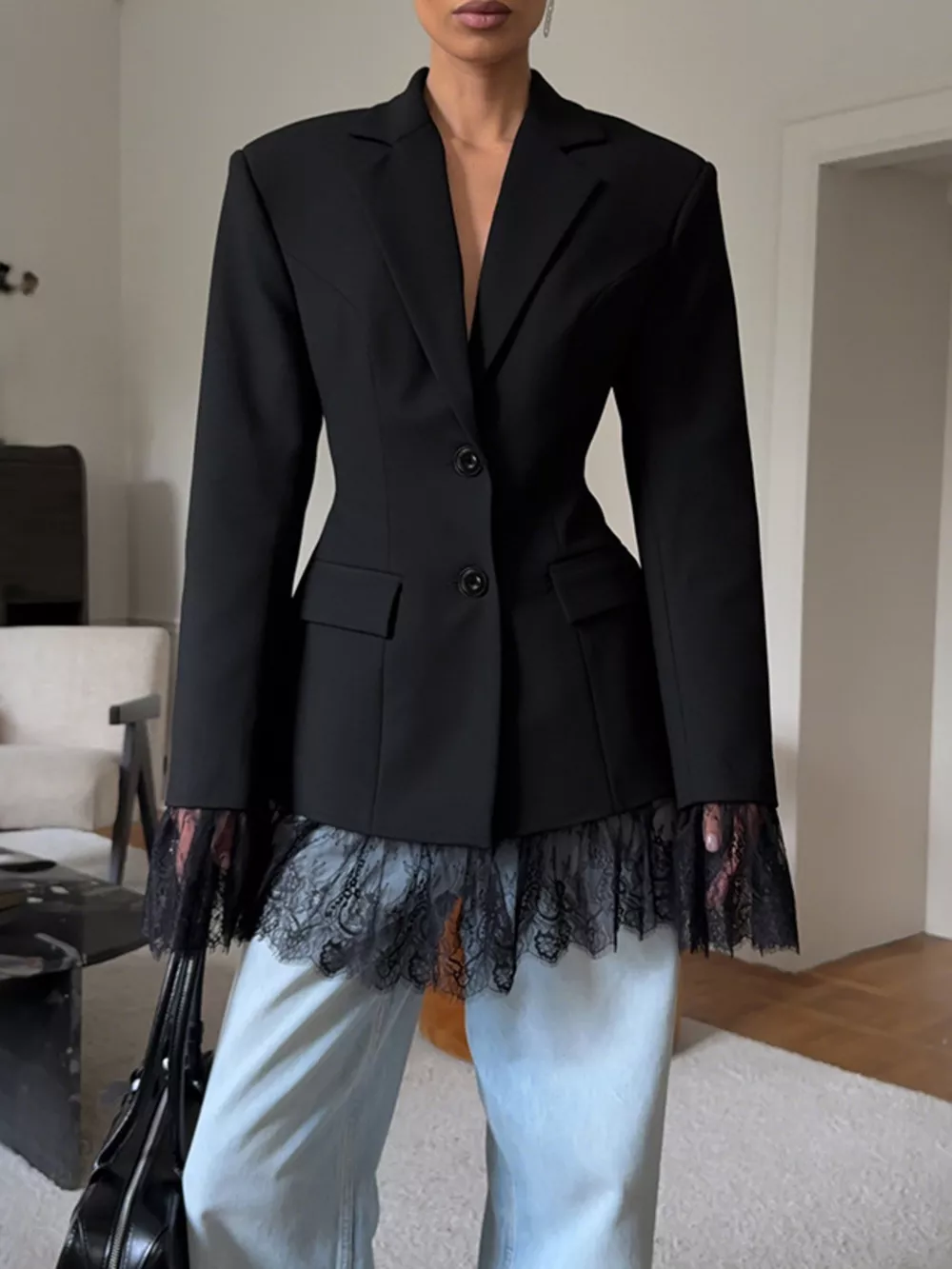 Lace Hem Lapel Collar Blazer, image 5