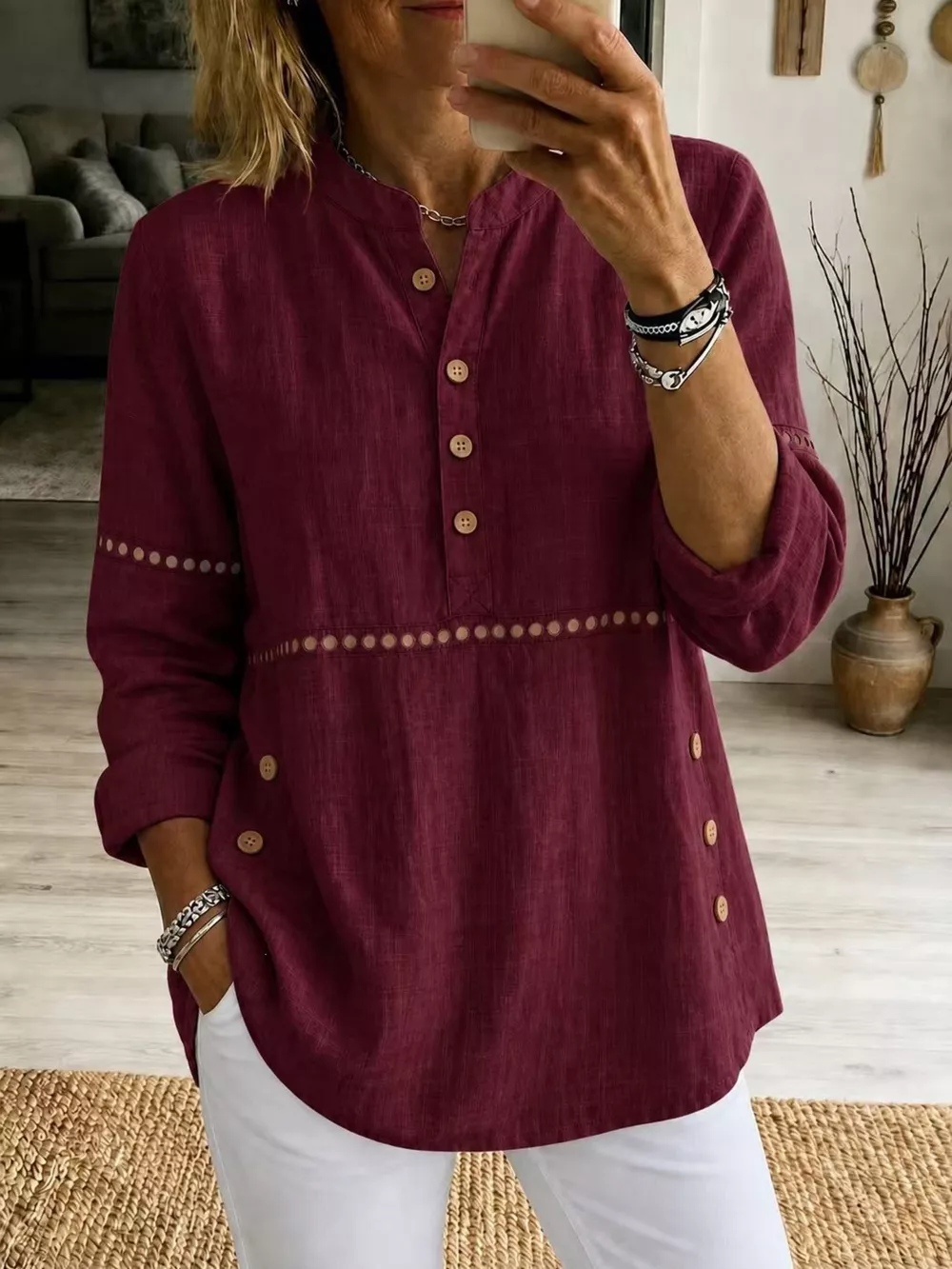 Full Size Button Detail Eyelet Long Sleeve Blouse Plus Size, image 14