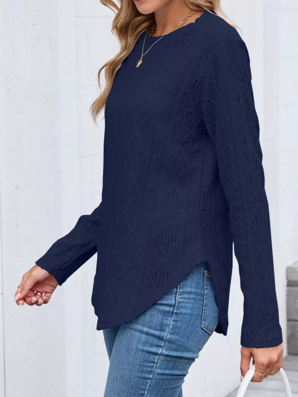 Textured Diamond Knit Long Sleeve T-Shirt, image 10