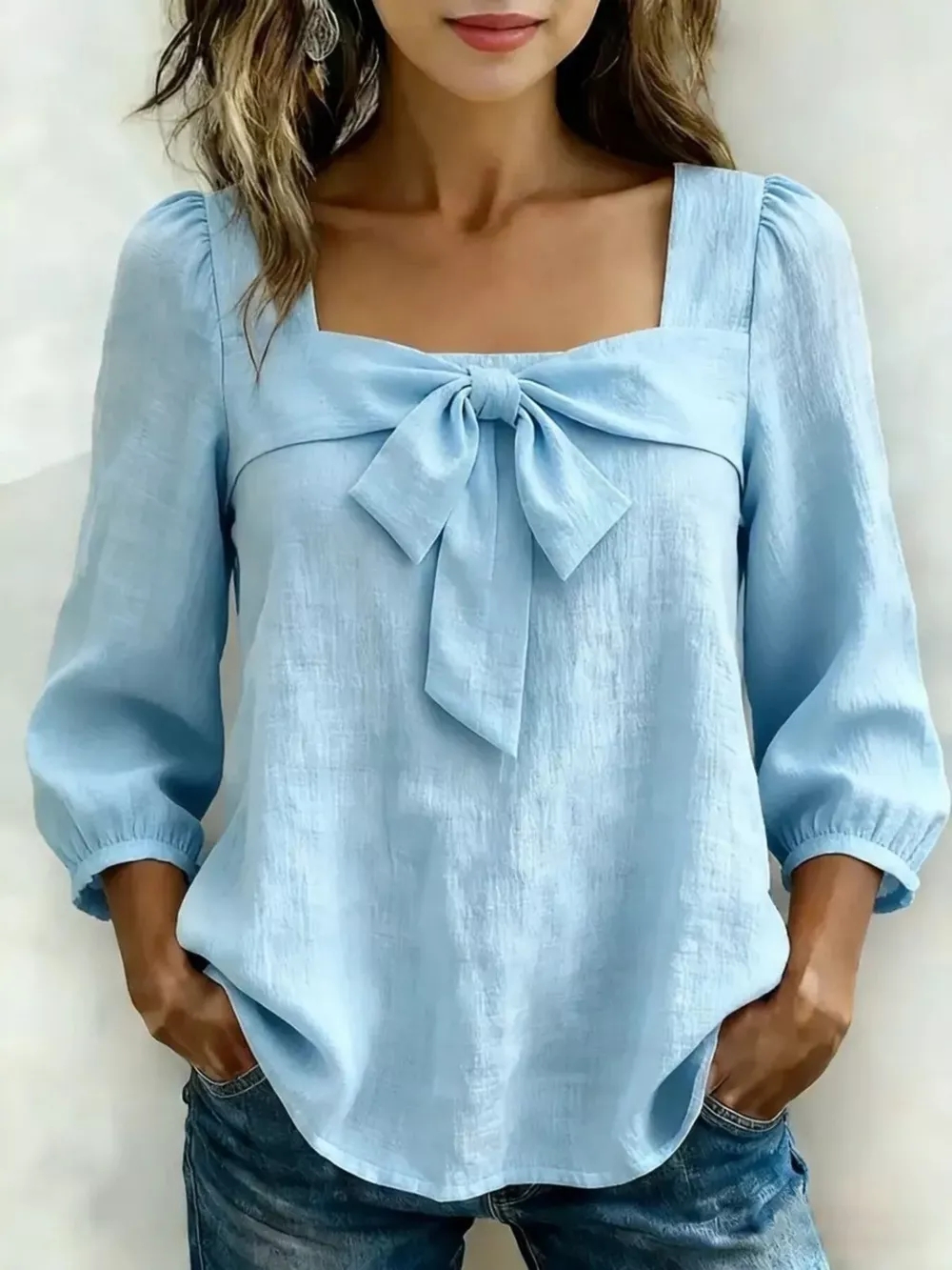 Full Size Bow Front Square Neck Blouse Plus Size, image 3