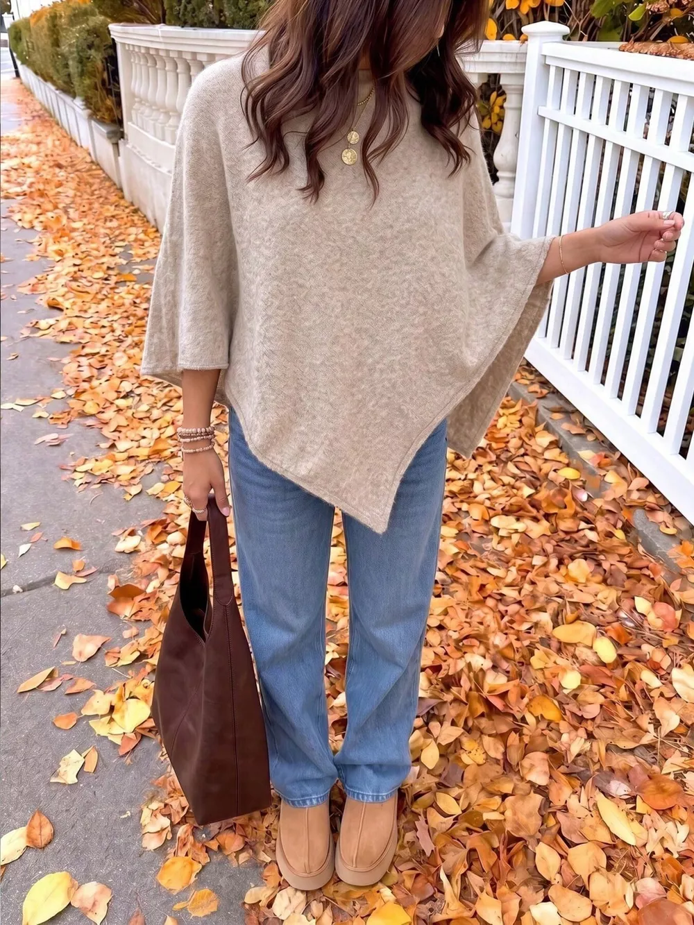 Brushed Loose Shawl Round-Neck Cape Sweater with Bat Sleeves, image 2