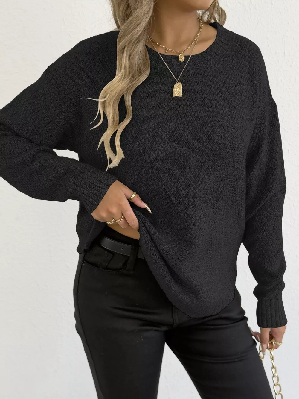 Textured Knit Relaxed Fit Round Neck Sweater, image 9