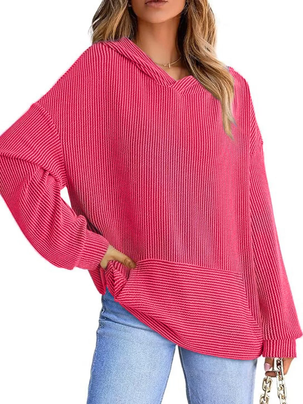 Ribbed Oversized Hoodie Sweatshirt with Pocket, image 2