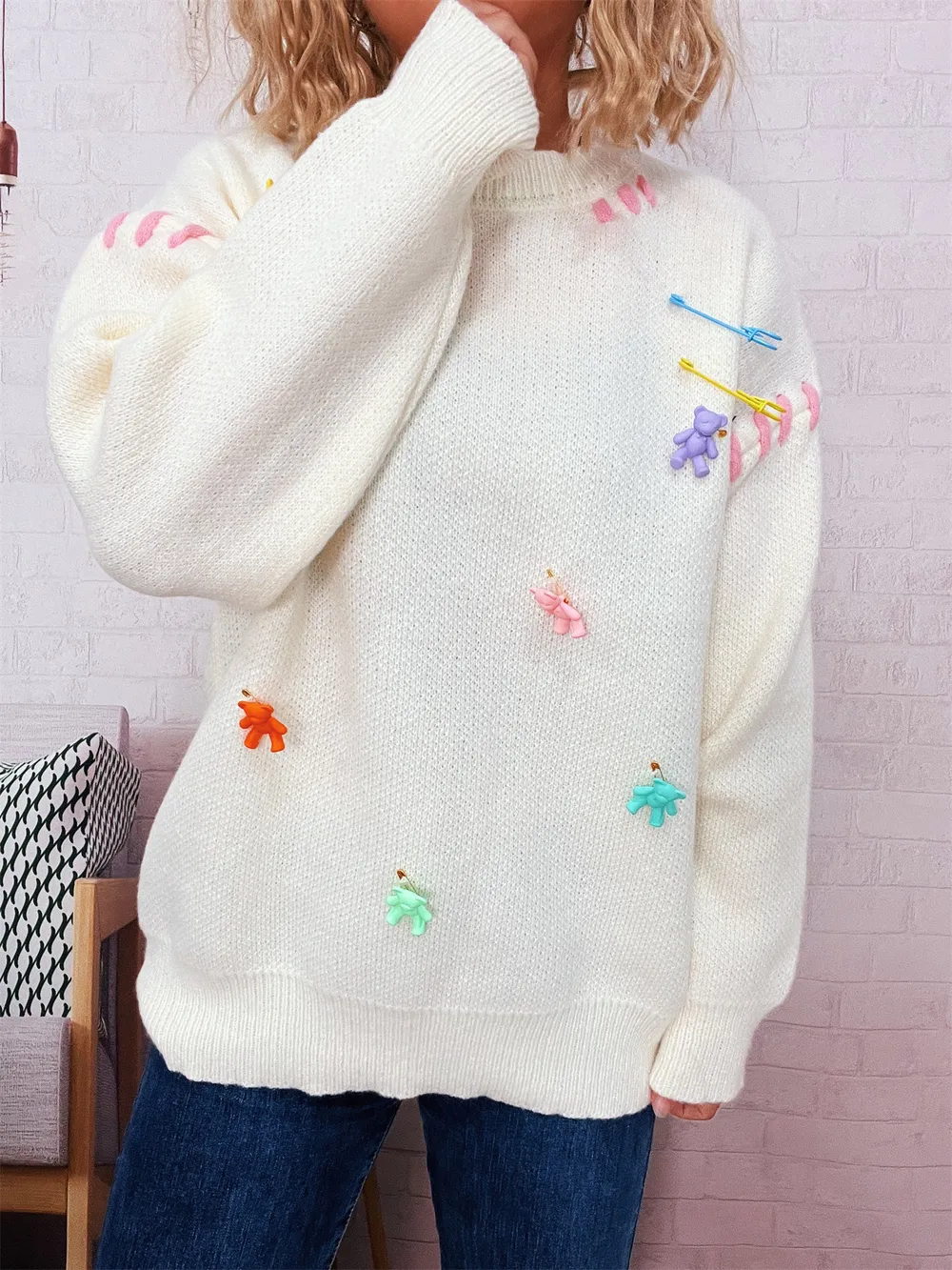 Bear Decoration Round Neck Sweater, image 12