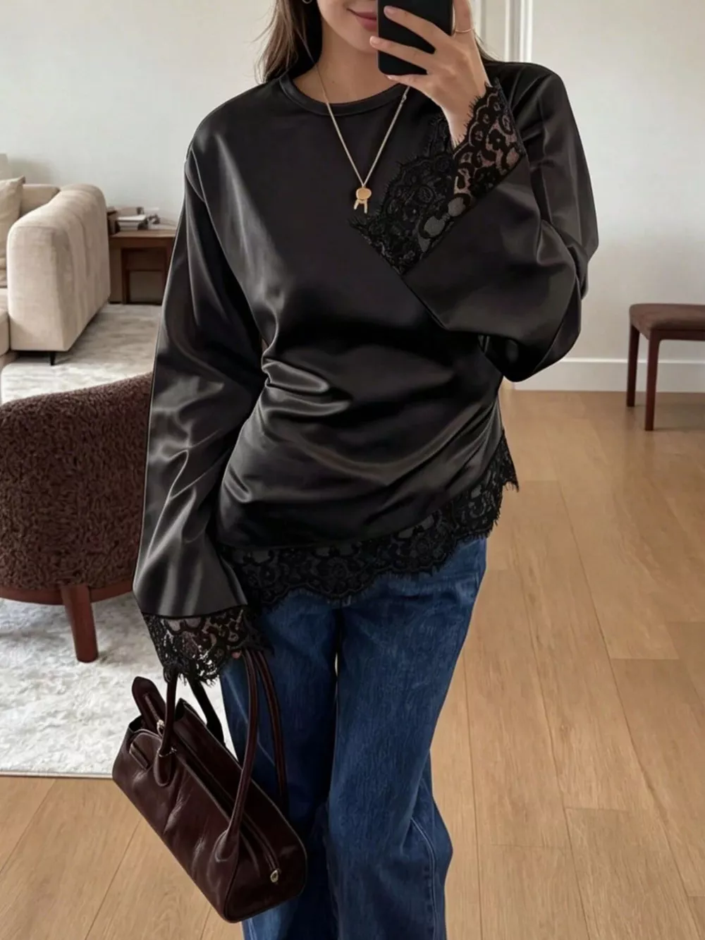 Satin Lace Trim Flare Sleeve Blouse, image 6