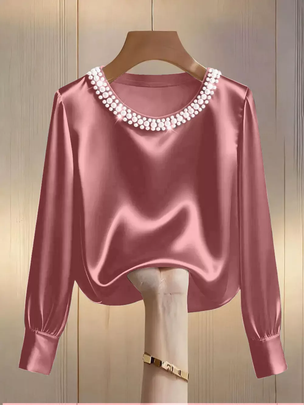 Pearl Trim Round Neck Silk Blouse, image 11