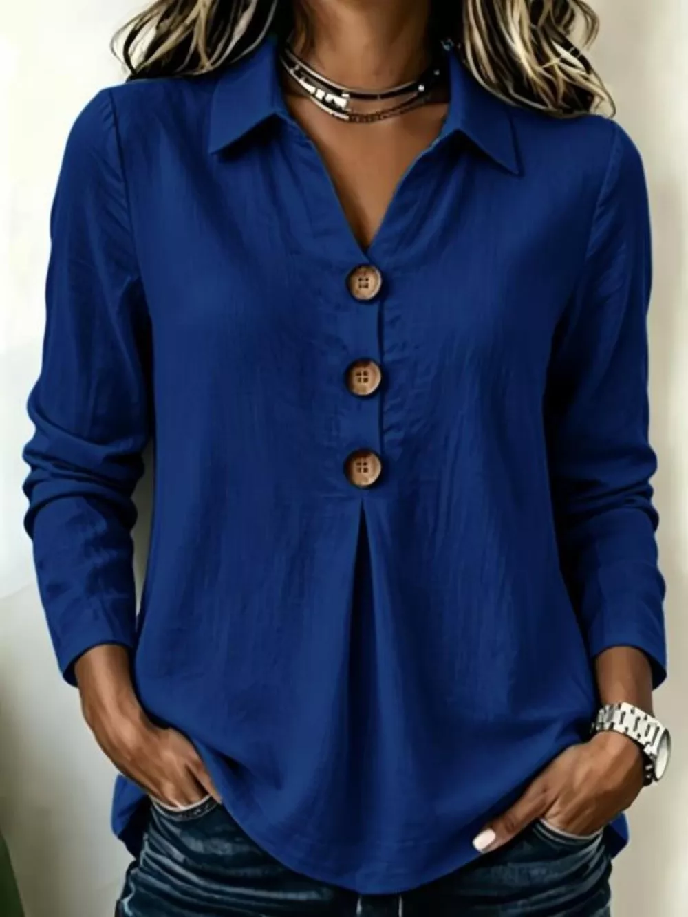 Full Size Button Detail Long Sleeve Blouse Plus Size, image 19