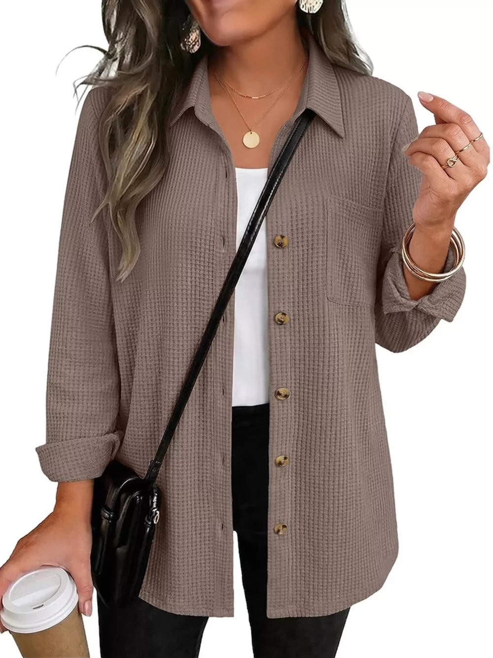 Waffle Knit Button-Down Long Sleeve Shirt, image 2