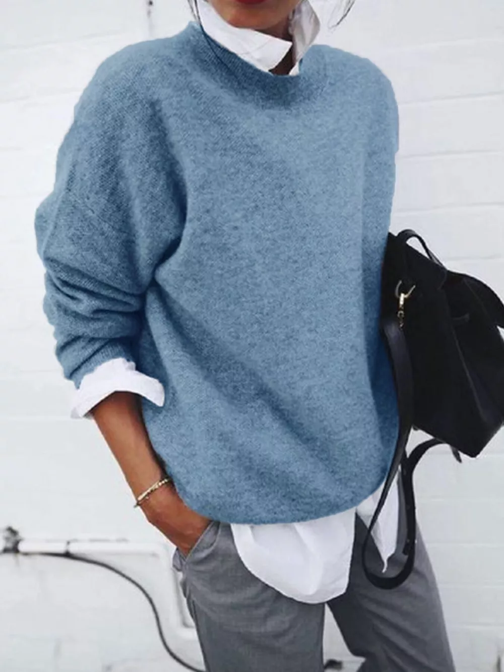 Full Size Round Neck Long Sleeve Sweater Plus Size, image 5