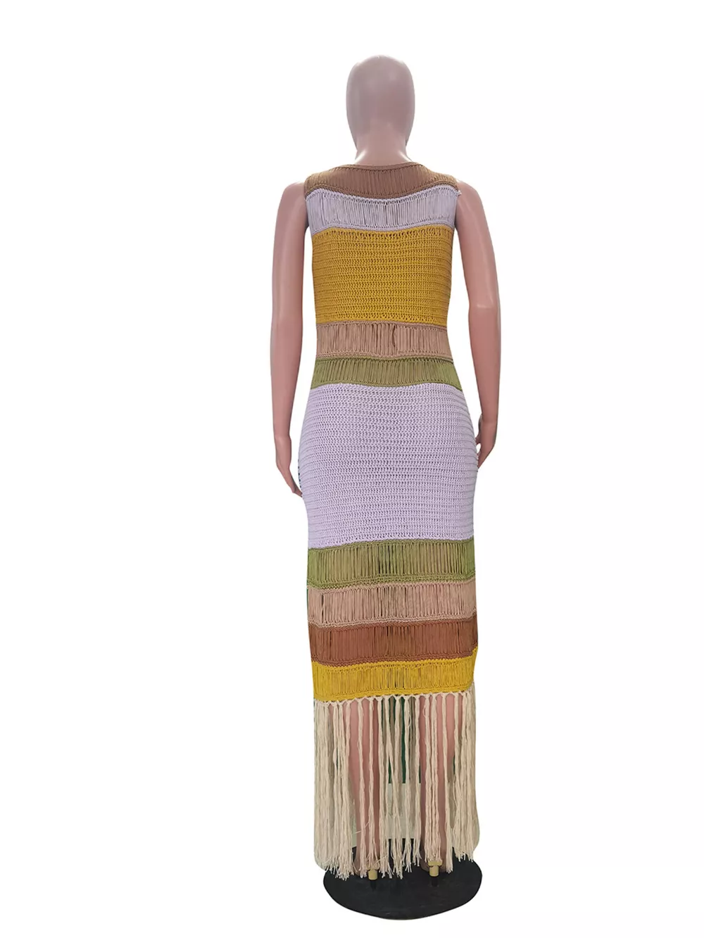Fringe Crochet Knit Color Block Maxi Dress, image 8