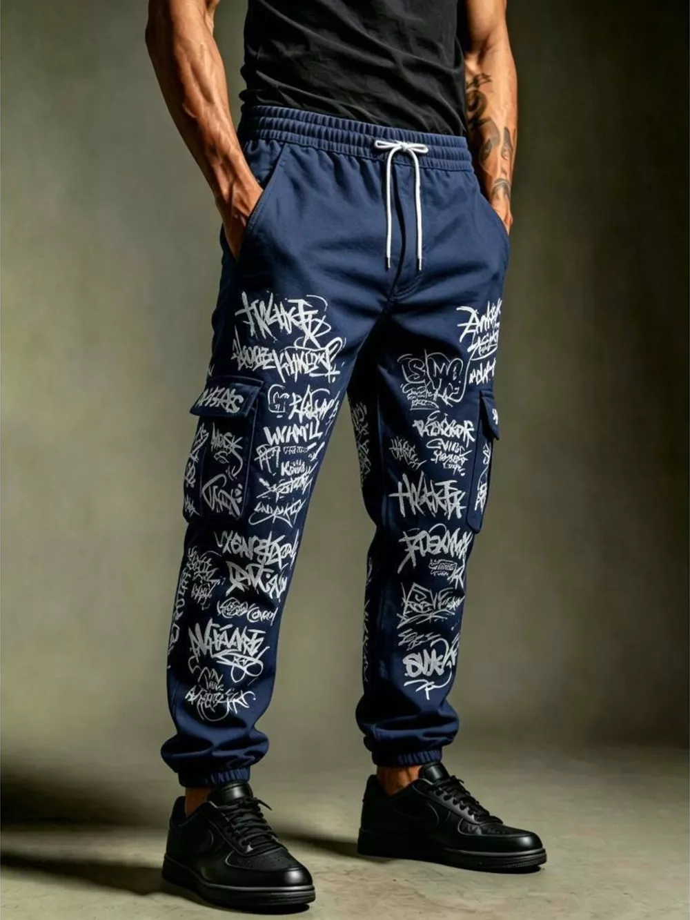 Men's Full Size Graffiti Print Cargo Joggers Plus Size, image 2