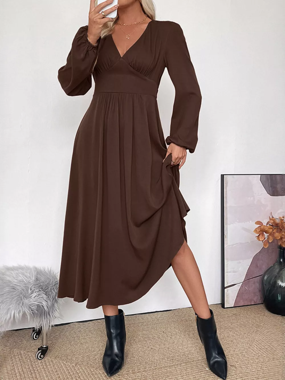 V-Neck Balloon Sleeve Midi Dress, image 4