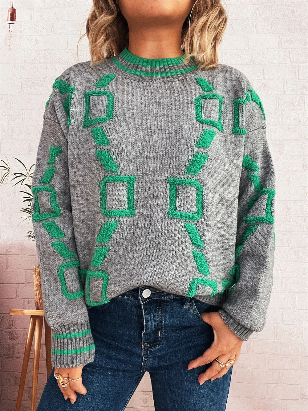 Contrast Round Neck Long Sleeve Sweater, image 20