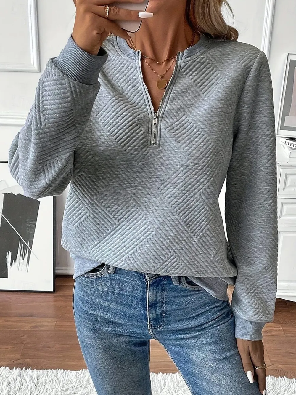 Quarter Zip Textured Long Sleeve Sweatshirt, image 9