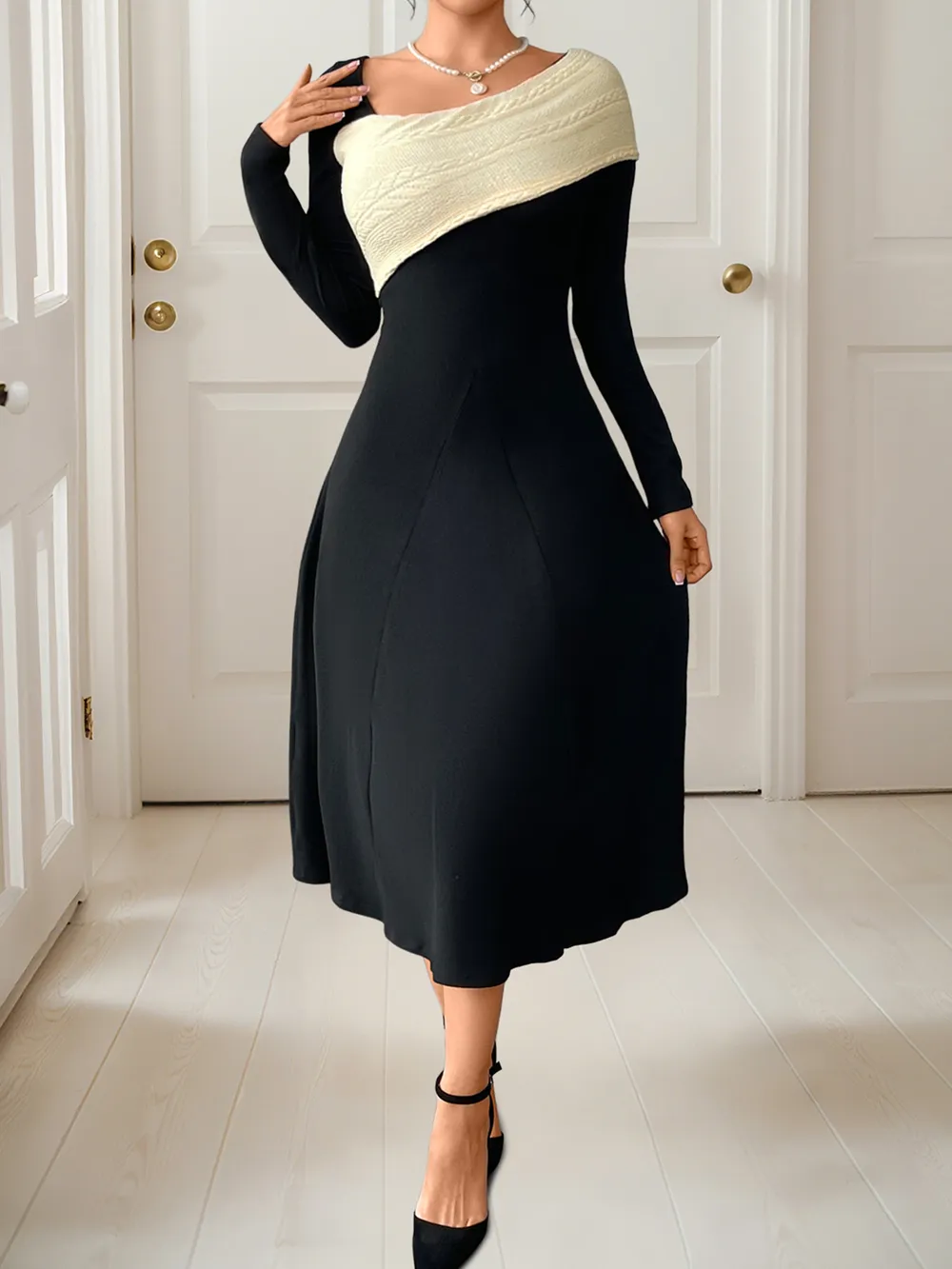 Asymmetrical Contrast Long Sleeve Dress, image 6