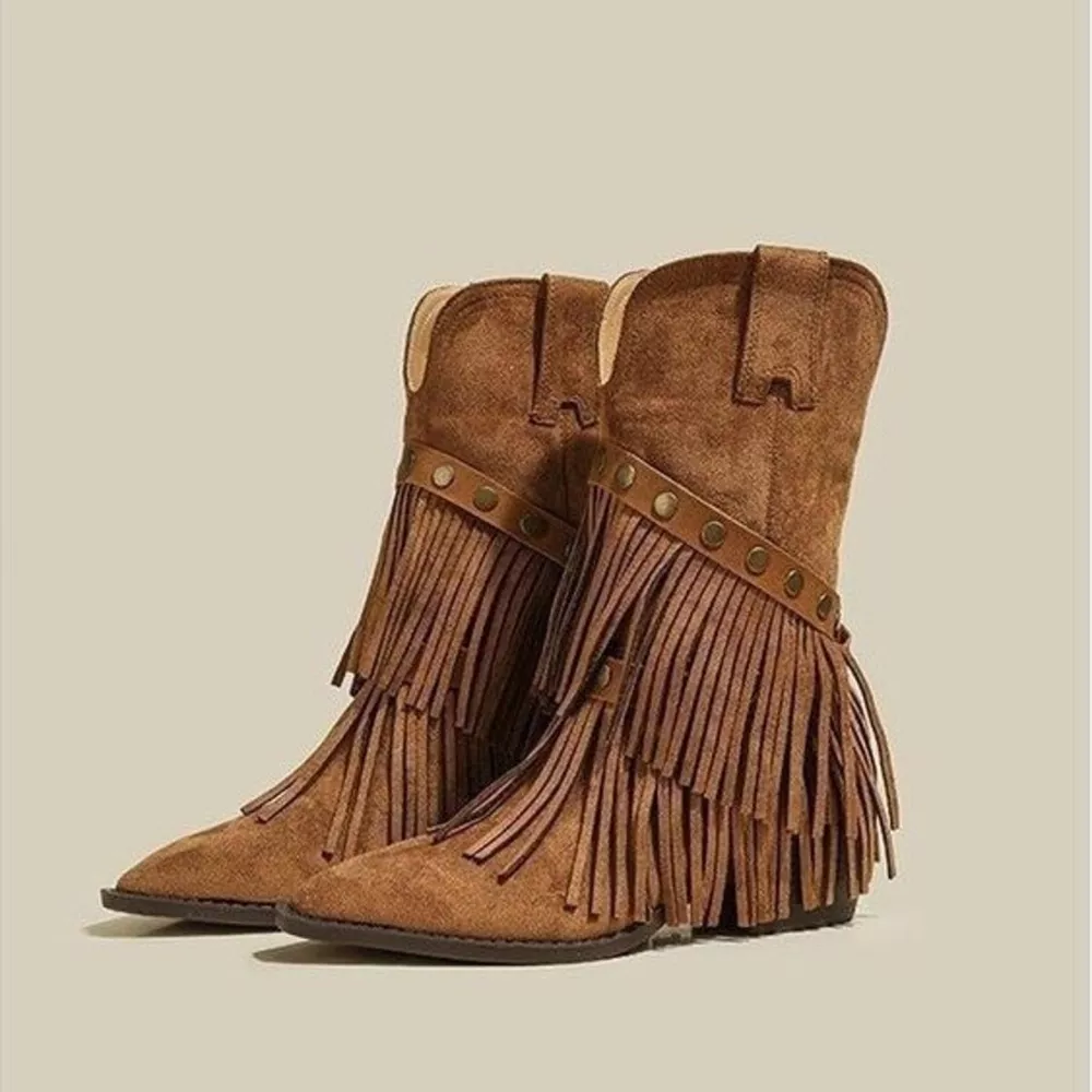 Vintage Suede Western Fringe Boots with Studded Straps, image 4
