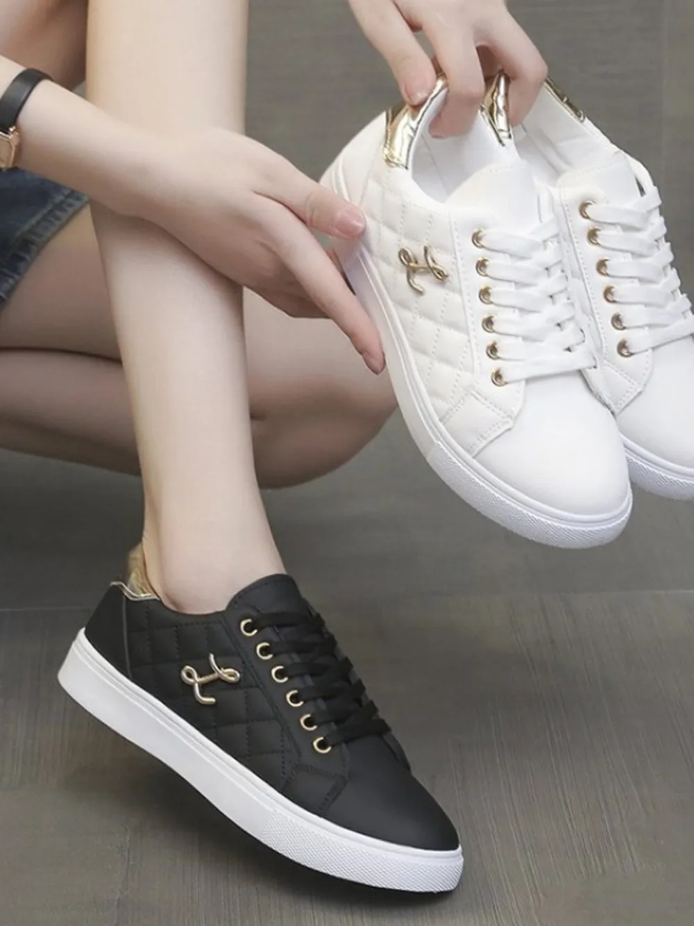Quilted Platform Sneakers with Metallic Gold Accents, image 12