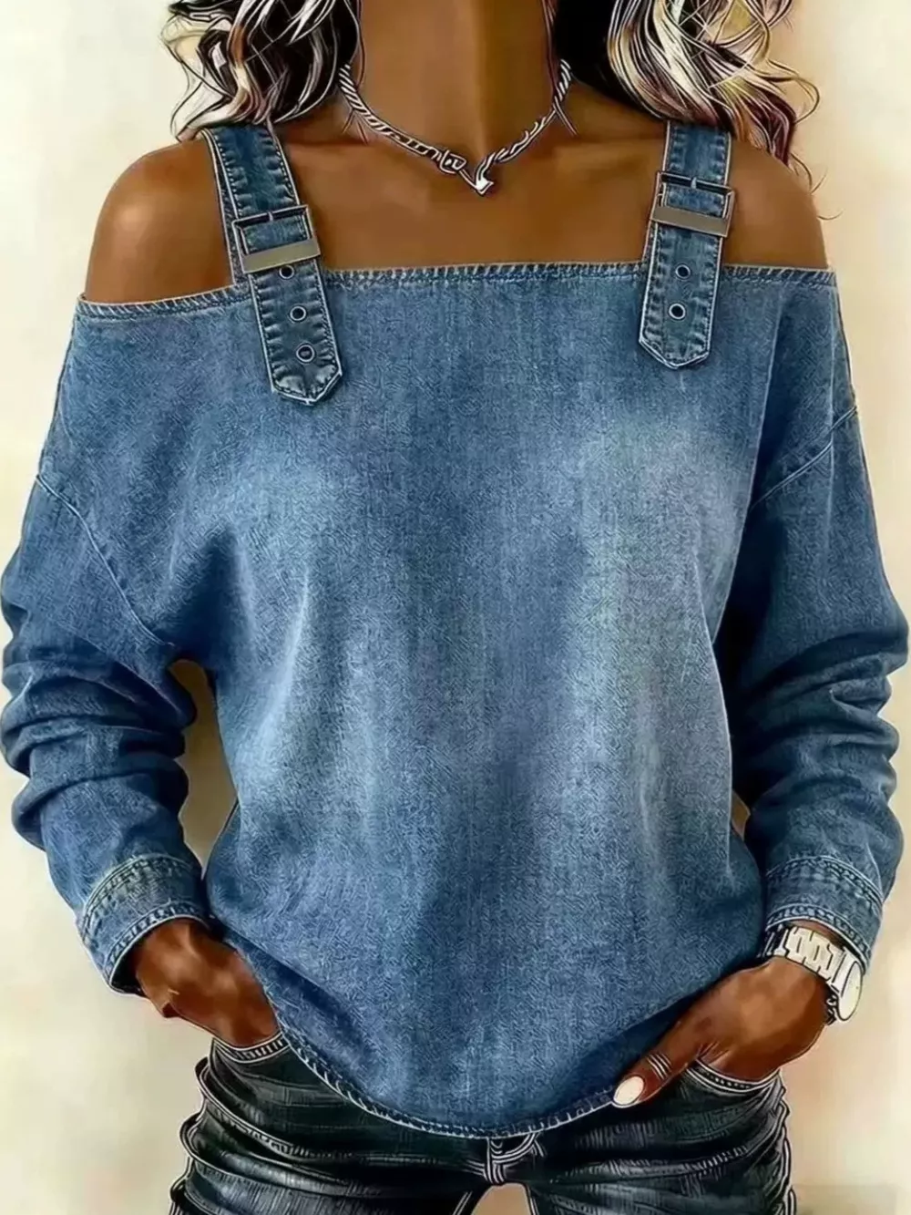 Full Size Buckle Strap Long Sleeve Denim Top Plus Size