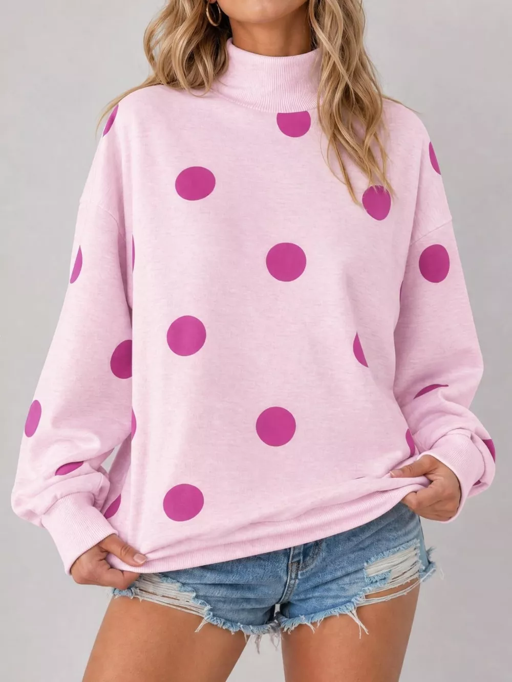 Mock Neck Polka Dot Print Oversized Sweatshirt, image 6
