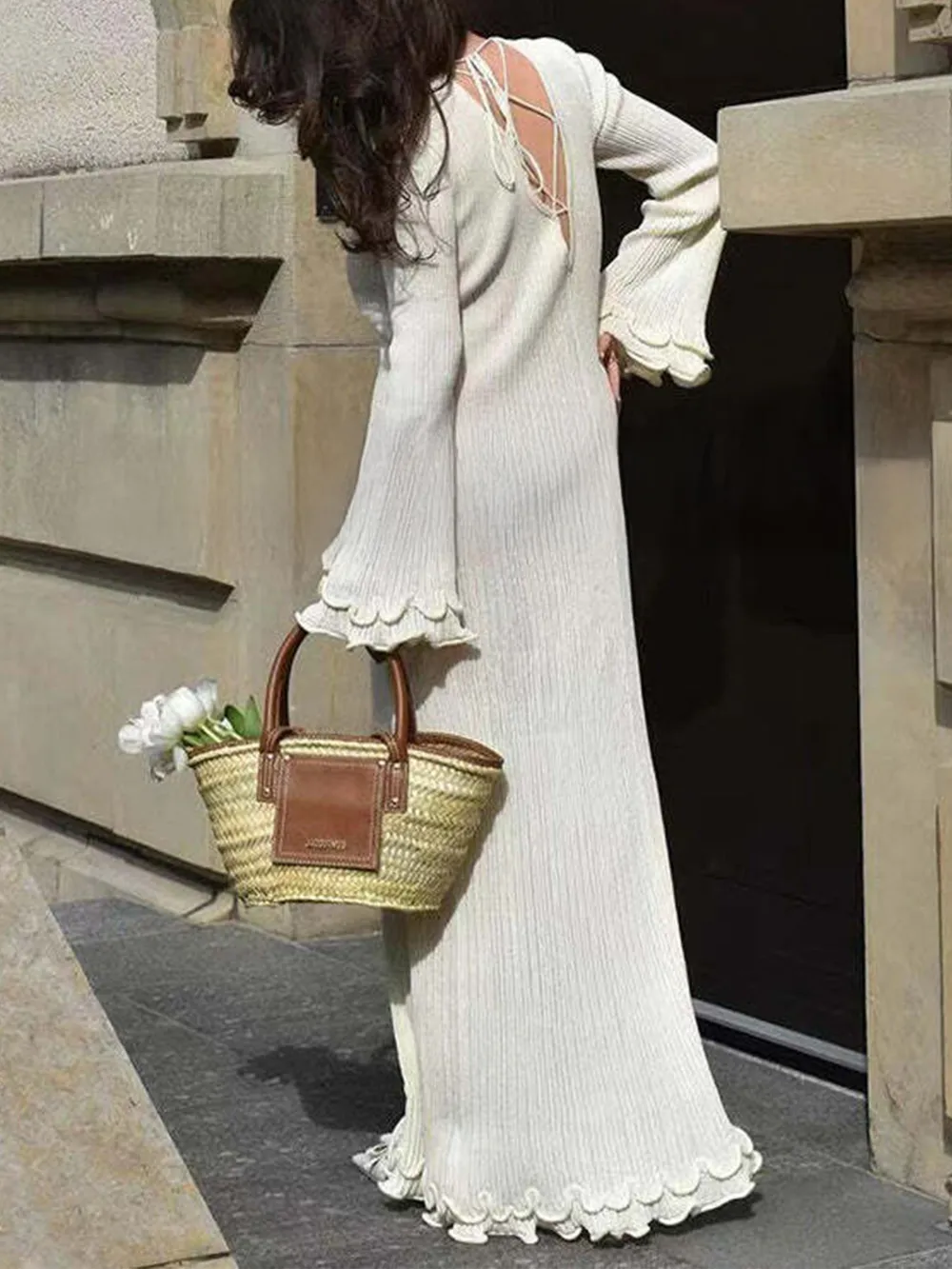Ribbed Long Sleeve Dress with Ruffle Hem, image 5