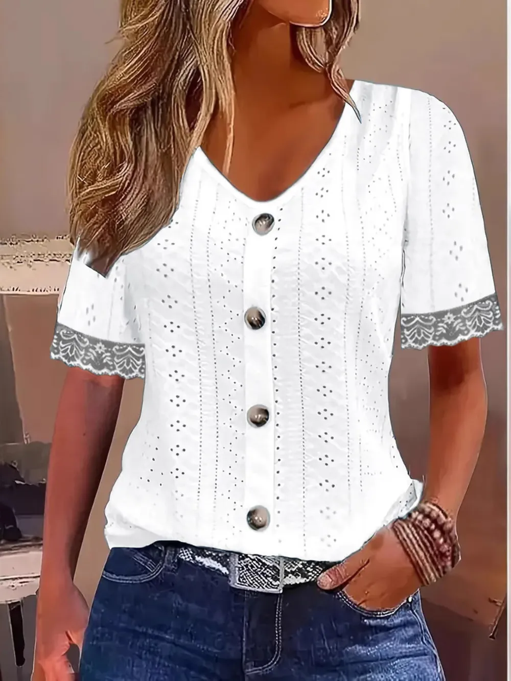 Eyelet Lace Trim Short Sleeve Blouse, image 4