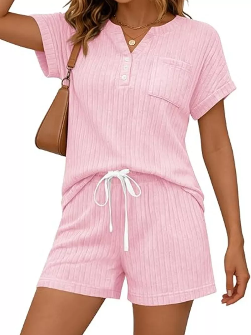 Casual Ribbed Knit Tee and Shorts Set, image 26