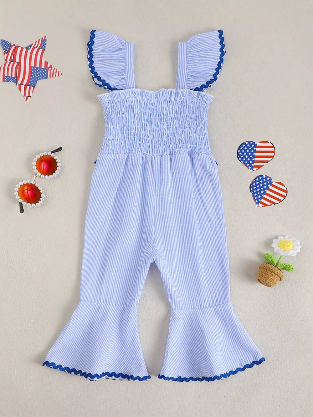 Children's USA Themed Ruffled Sleeve Smocked Jumpsuit, image 8