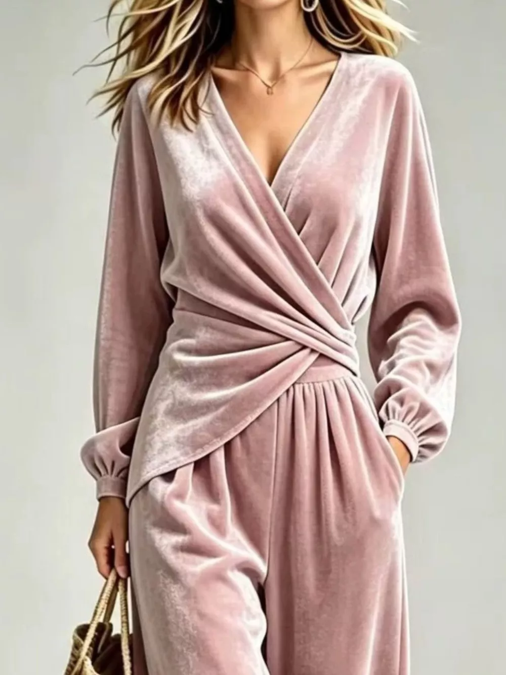 Velvet Wrap-Front Top and Pants Set, image 3