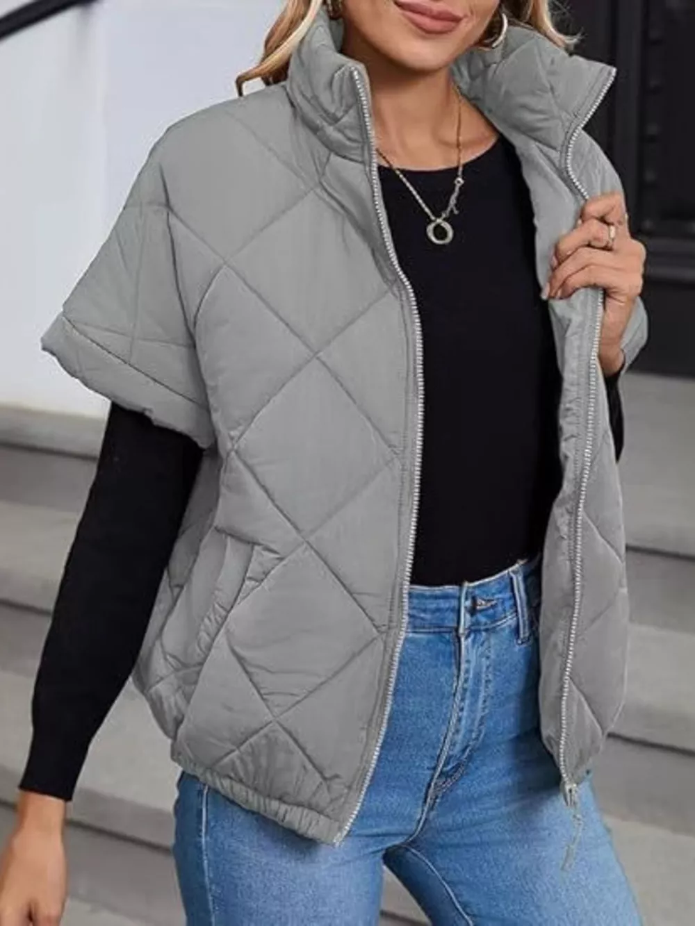Quilted Zip Up Short Sleeve Winter Coat, image 2