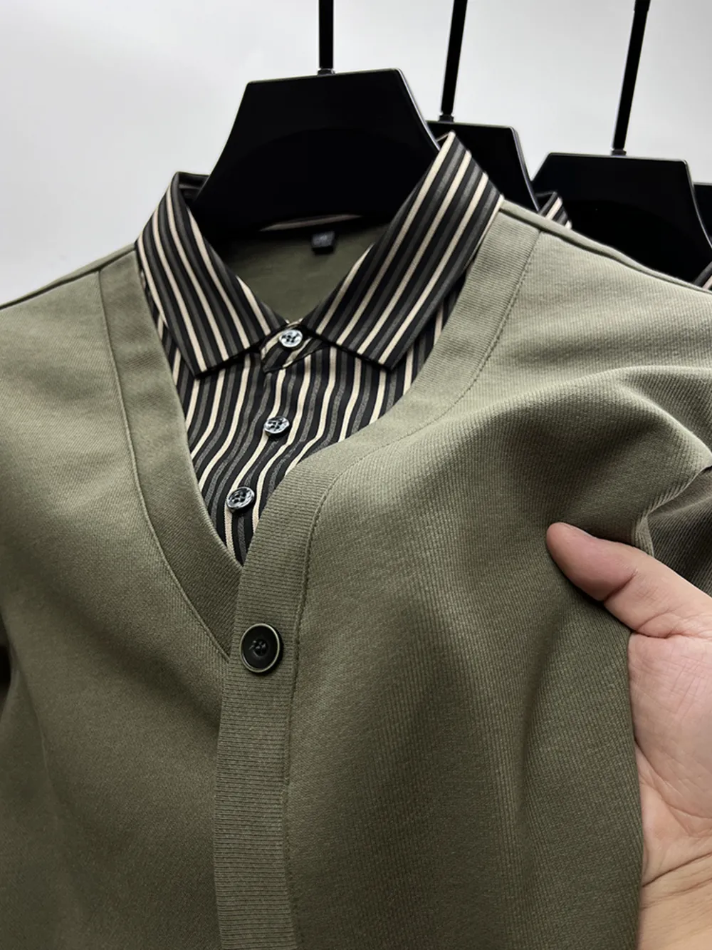 Men's Plus Size Striped Collar Detail Long Sleeve Top
