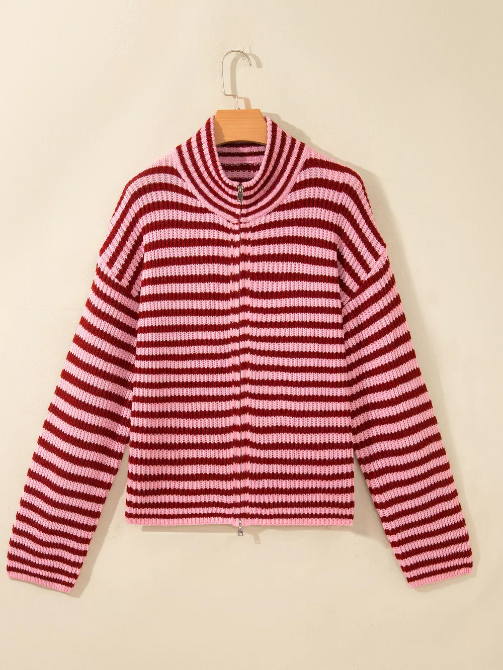 Striped High Neck Zip-up Sweater Long Sleeve Casual Fit Drop Shoulder Open Front Cardigan, image 3