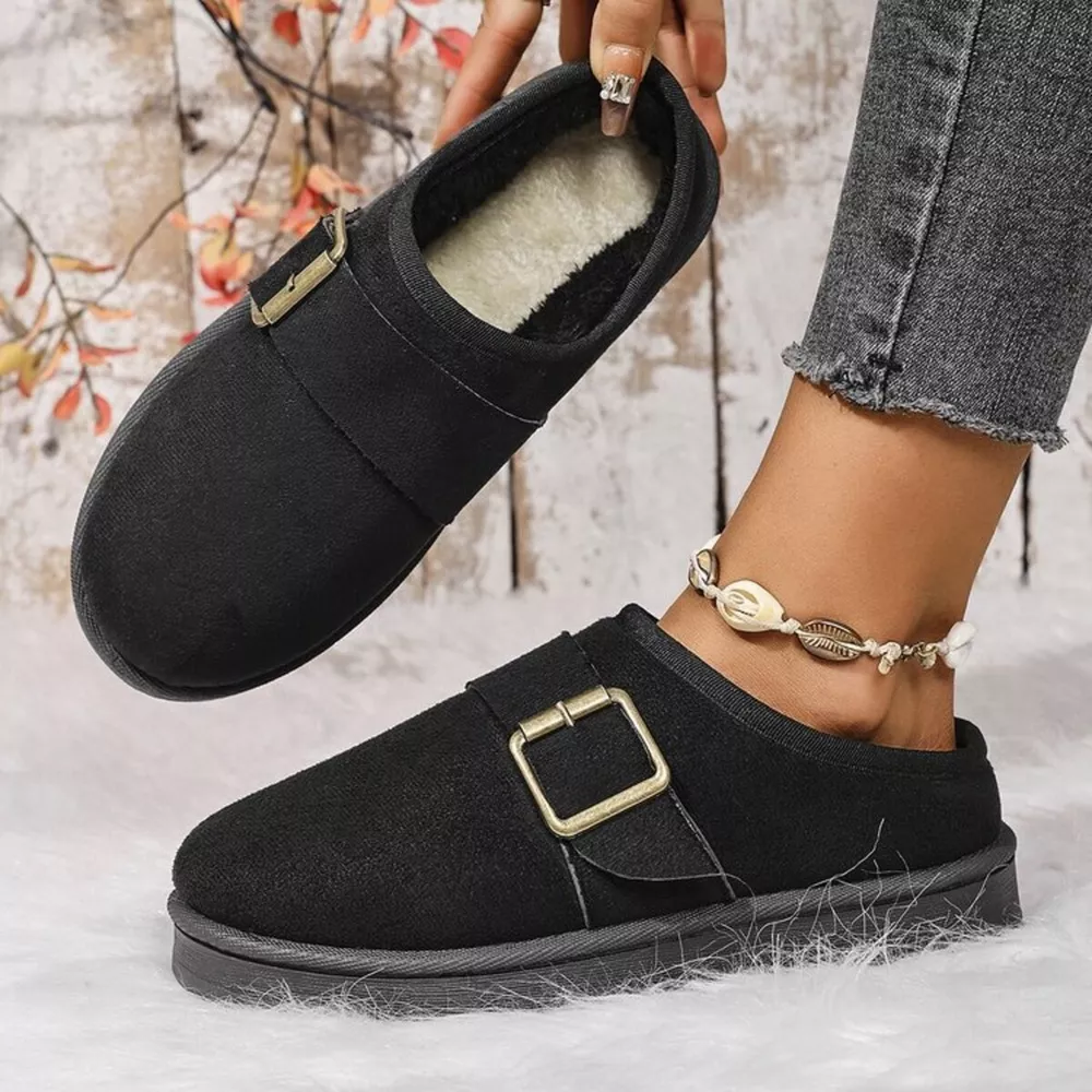 Buckle Decor Plush Lined Warm Slippers, image 7
