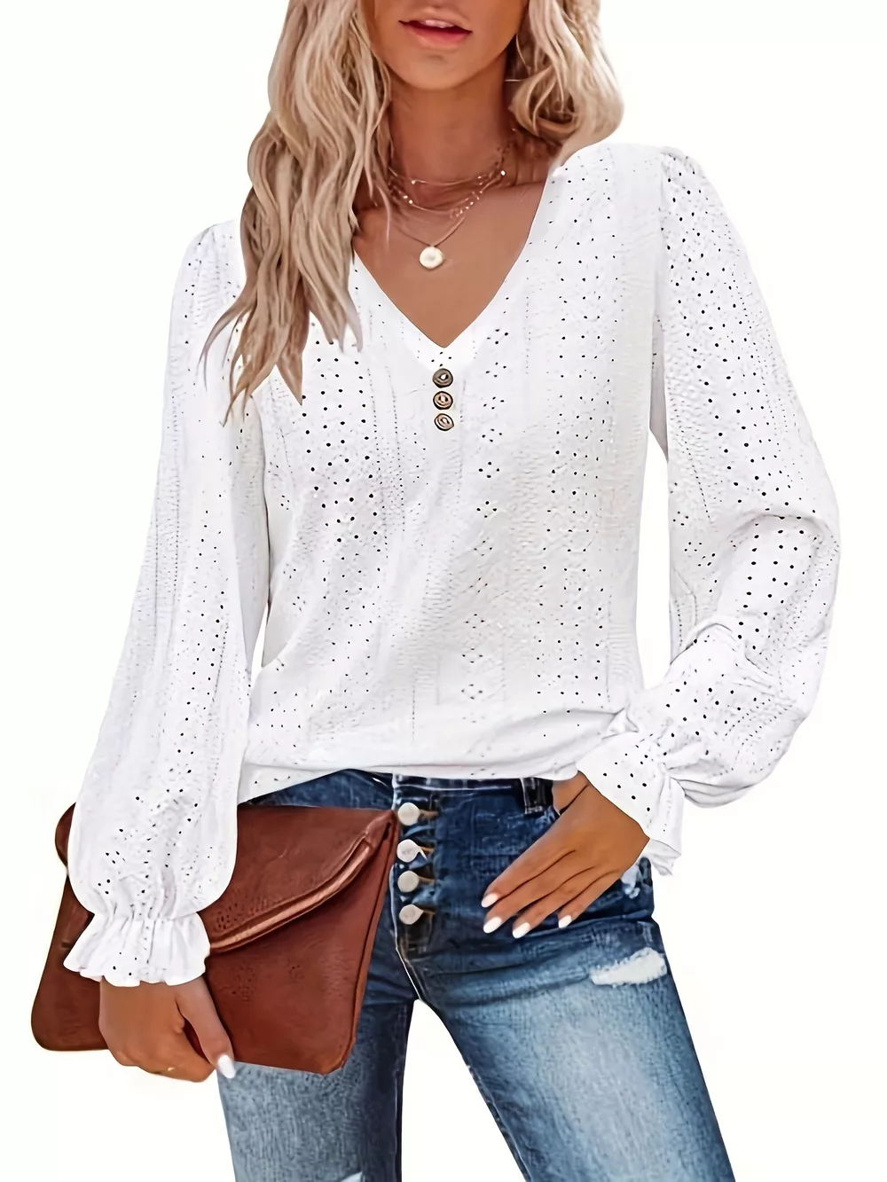 Plus Size Eyelet V-Neck Flounce Sleeve Blouse, image 19