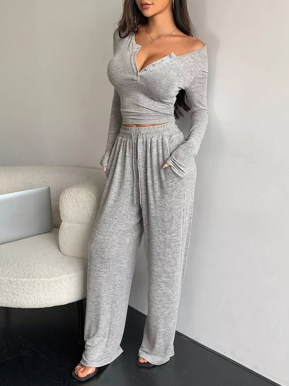 Button Detail Long Sleeve Top and Wide-Leg Pants Set, image 8